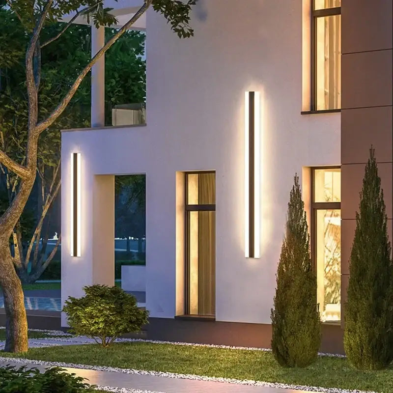Modern minimalist DecorBites™ outdoor wall lamp with vertical LED sconces, sleek black frame, and warm white light