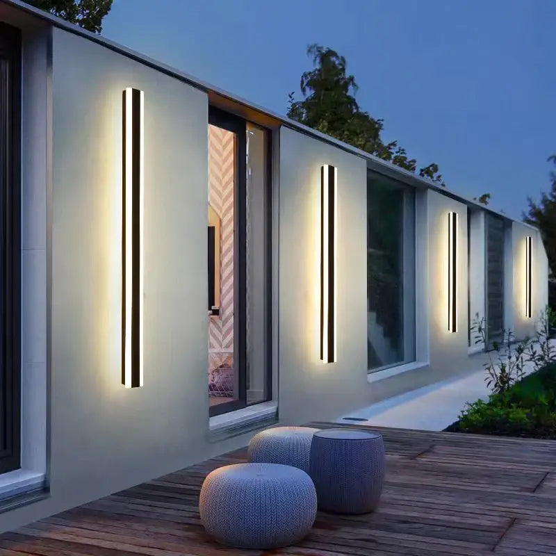 Modern minimalist decorbites™ led outdoor wall lamp with sleek black frame and warm linear led lighting for garden porch use