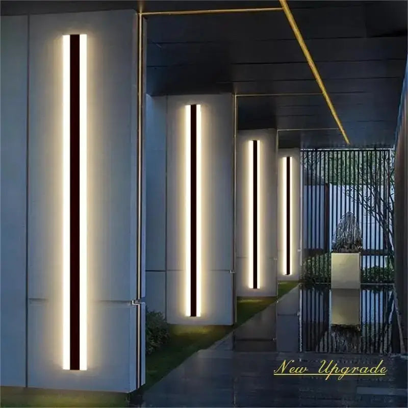 DecorBites™ modern outdoor wall lamp with sleek black and white led panels emitting warm linear light