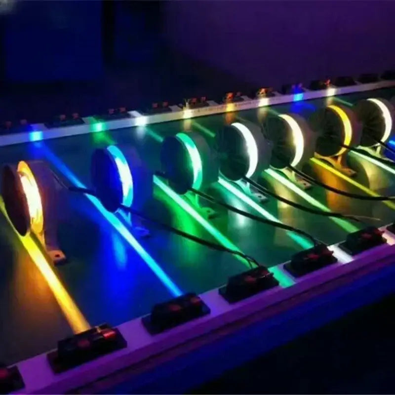 Decorbites™ led outdoor wall lamp with circular illuminated blue and green neon strips providing 360 degree light