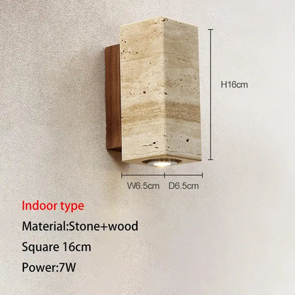 A decorbites led outdoor wall lamp in beige stone and dark wood with recessed led light for garden use
