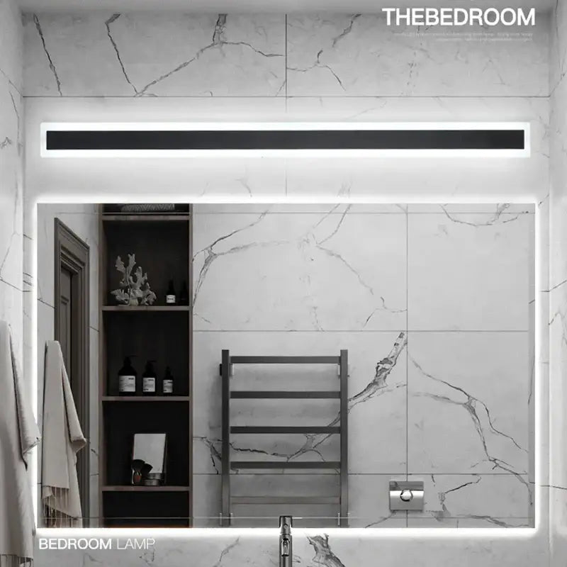 Decorbites led outdoor modern rectangular led mirror lamp with sleek black frame and white illuminated edges above vanity