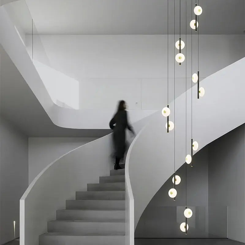 Modern minimalist decorbites led oval chandelier with white glass globes and black cords for bedroom and living room lighting
