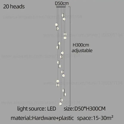 Decorbites led oval chandelier featuring twenty white circular LED light heads on adjustable 300cm frame for indoor use