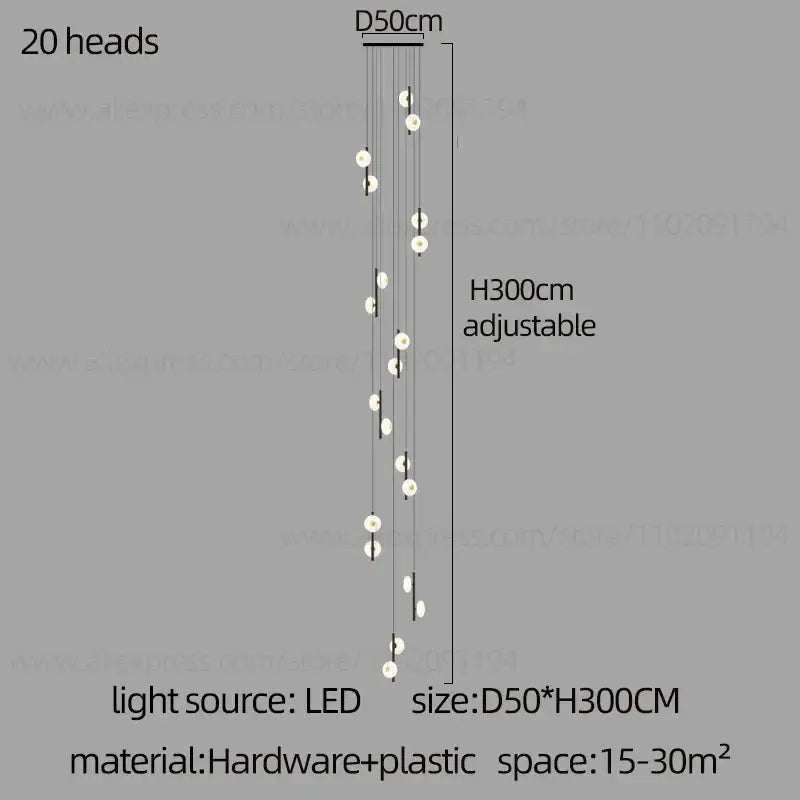 Decorbites led oval chandelier featuring twenty white circular LED light heads on adjustable 300cm frame for indoor use