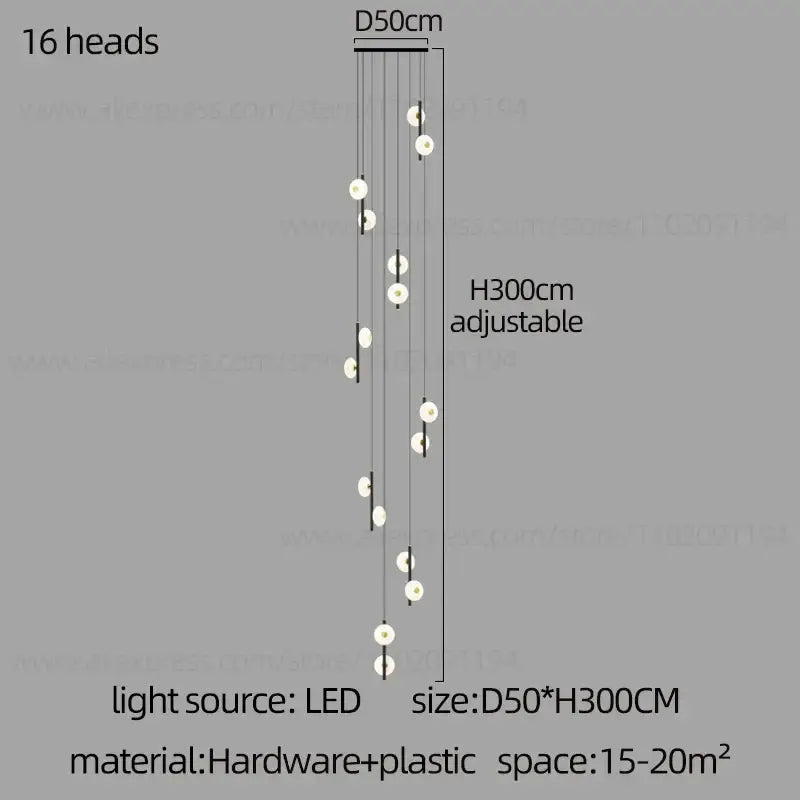 A modern adjustable 16-head decorbites led oval chandelier with black plastic construction for bedroom lighting