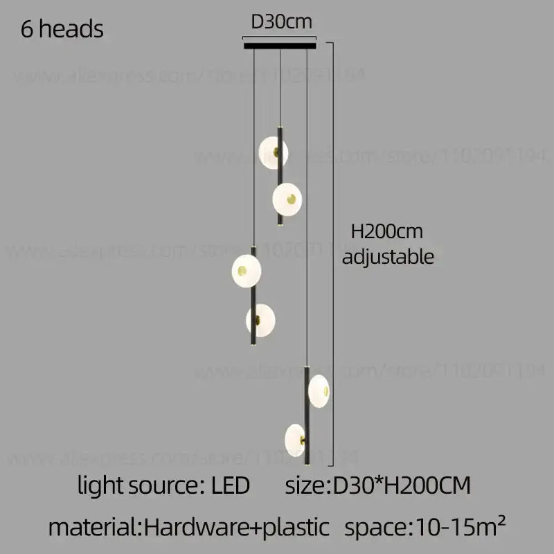 Modern minimalist decorbites led oval chandelier with six white glass shades and black metal rods adjustable to 200cm height