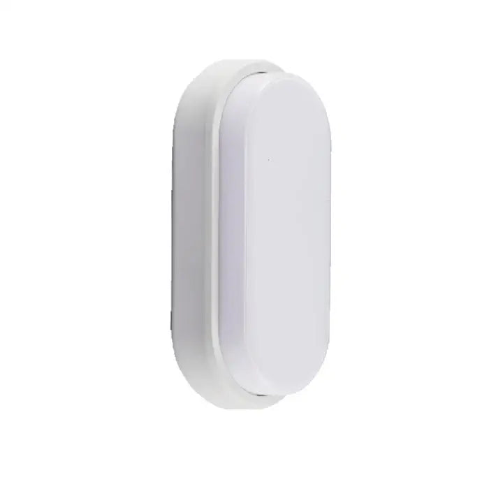White oval wall lamp with sleek modern design and smooth plastic casing for outdoor and bathroom use