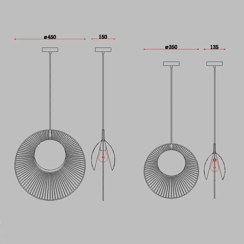 Modern DecorBites™ oyster pendant lamp with metallic radial spoke design available in two sizes for loft decor