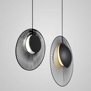 Black decorbites™ led oyster pendant lamp with radial wireframe and illuminated crescent center for loft decor