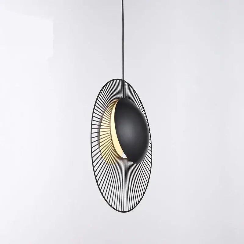Black and gold modern oyster pendant lamp with circular wireframe design adjustable for loft bedroom decor