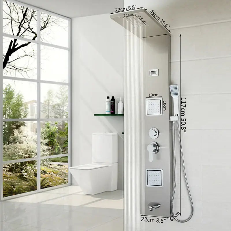Modern brushed stainless steel decorbites led panel bath faucet with digital display and massage spa jets shower system