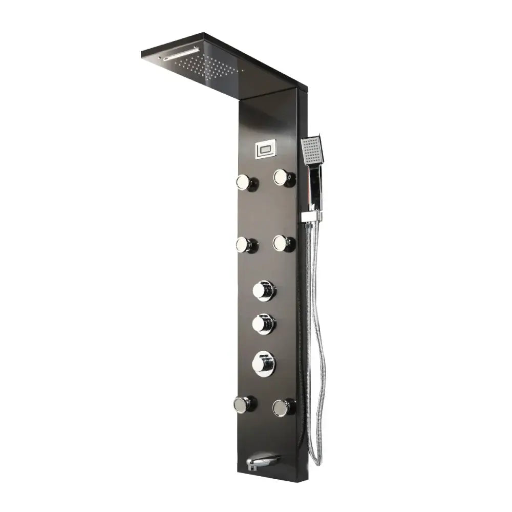 Black chrome finished decorbites led panel bath faucet with digital display, multiple control knobs, and handheld spray nozzle
