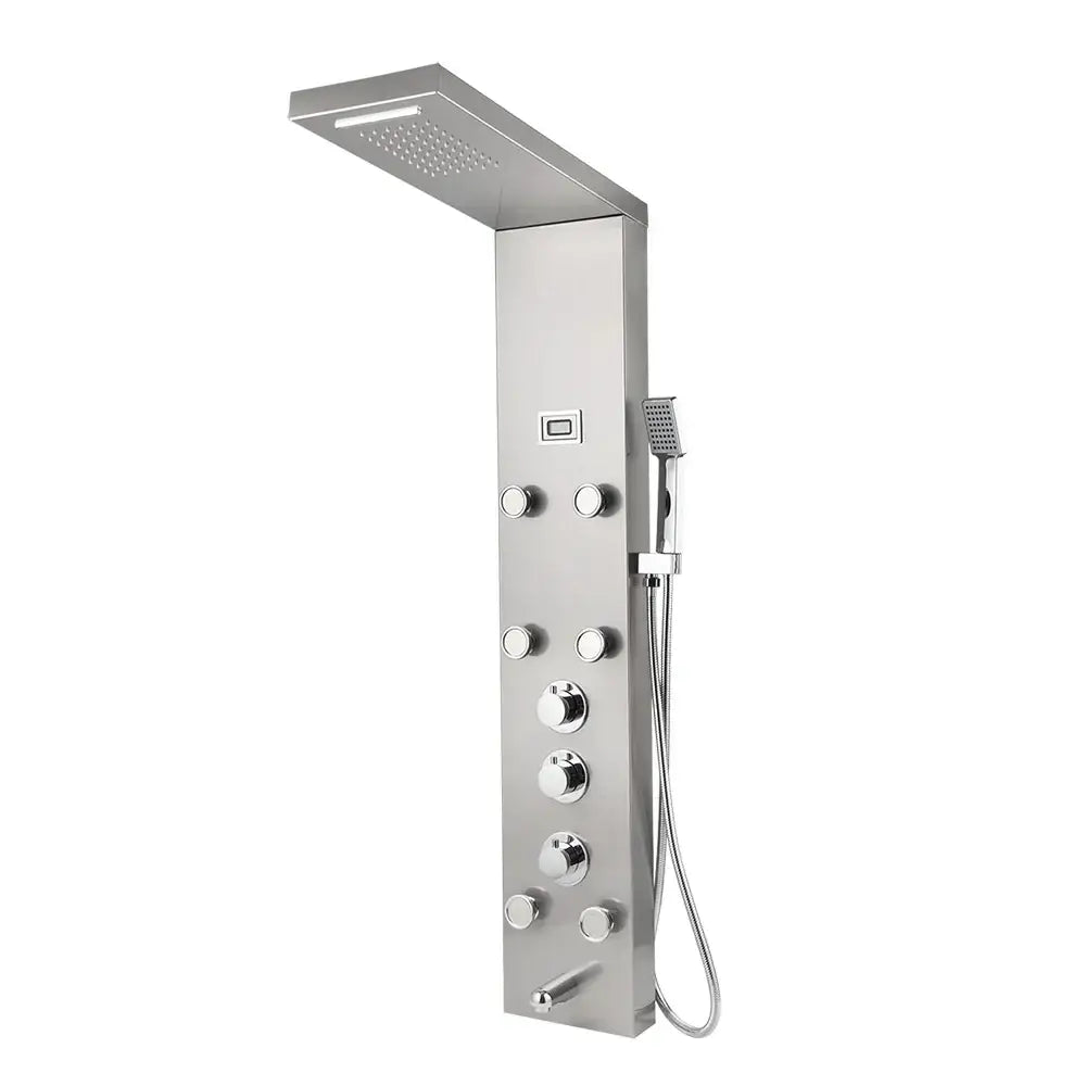 Modern stainless steel decorbites led panel bath featuring multiple control knobs and handheld spray nozzle panel bath faucet