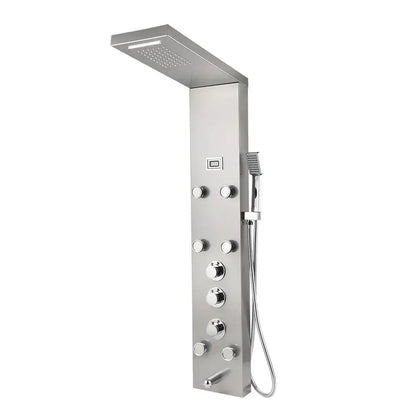 Modern stainless steel decorbites led panel bath featuring multiple control knobs and handheld spray nozzle panel bath faucet