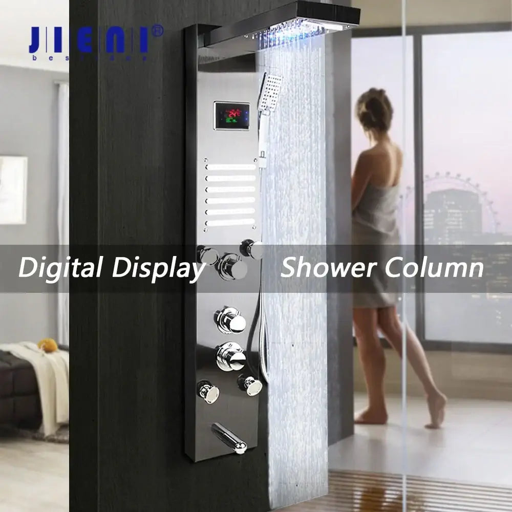 Modern chrome-finished decorbites led panel bath faucet with digital display and multiple control knobs for spa jets