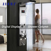 Modern chrome-finished decorbites led panel bath faucet with digital display and multiple control knobs for spa jets