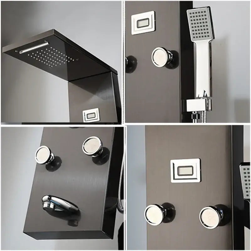 Modern black and chrome decorbites led panel bath faucet with digital display rain shower head and massage spa jets