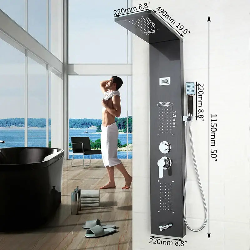 Modern matte black decorbites led panel bath faucet with digital display and massage spa jets featuring rain shower tower