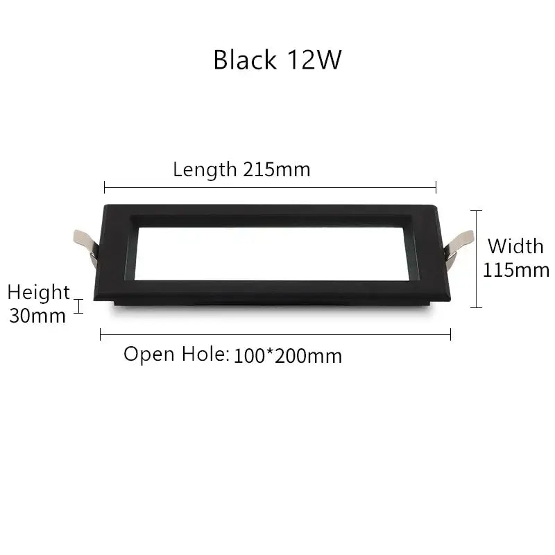 Black rectangular recessed led panel lamp with 12w power and ultra-thin modern design for bathroom and industrial lighting