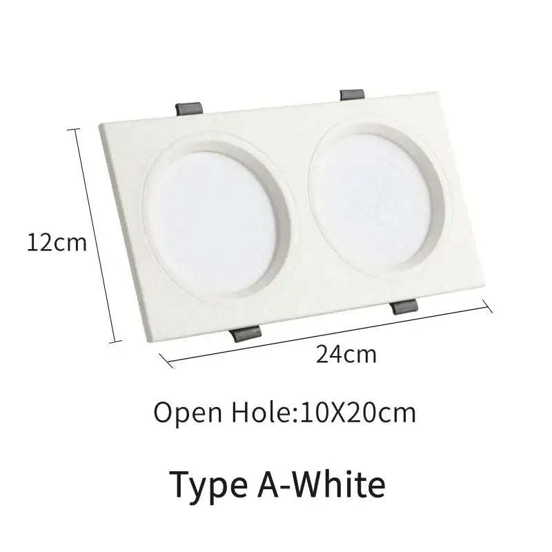 White recessed led panel lamp with two circular led panels and black clips for bathroom and industrial lighting