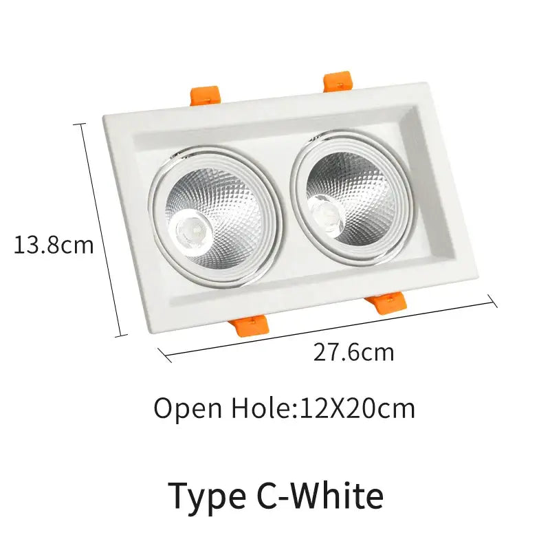 White rectangular recessed led panel lamp with two circular bulbs and orange mounting clips for bathroom lighting
