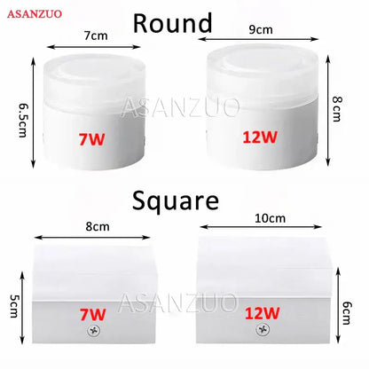 White plastic round and square decorbites led panel light containers labeled 7w and 12w for ceiling downlight use