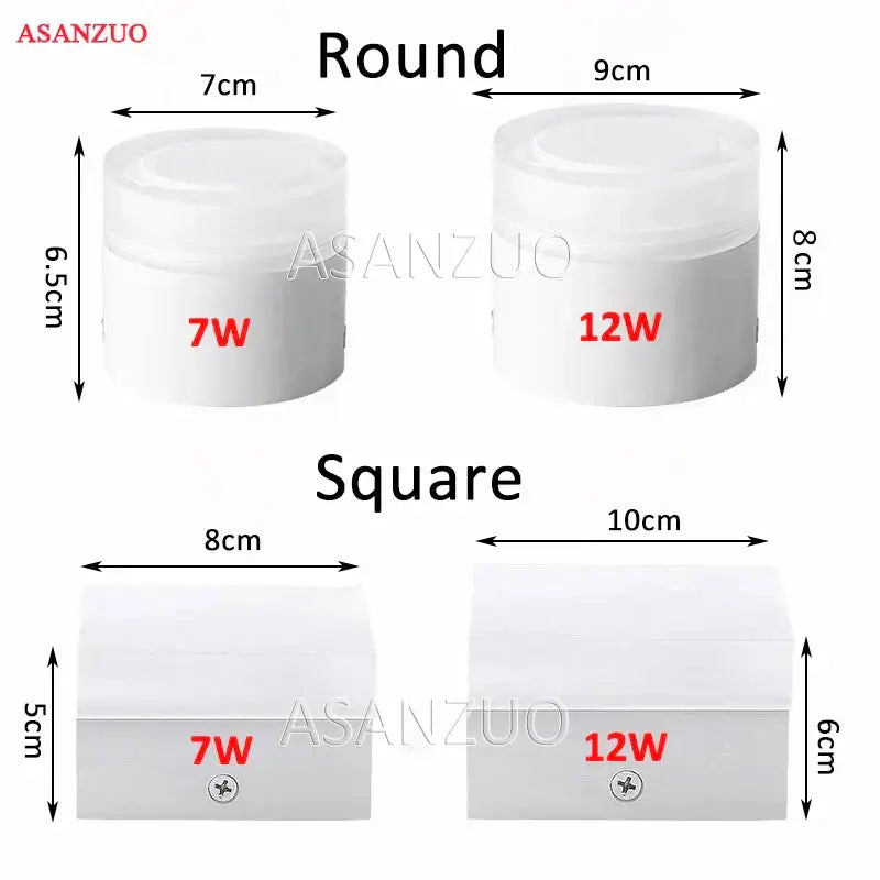 White plastic round and square decorbites led panel light containers labeled 7w and 12w for ceiling downlight use