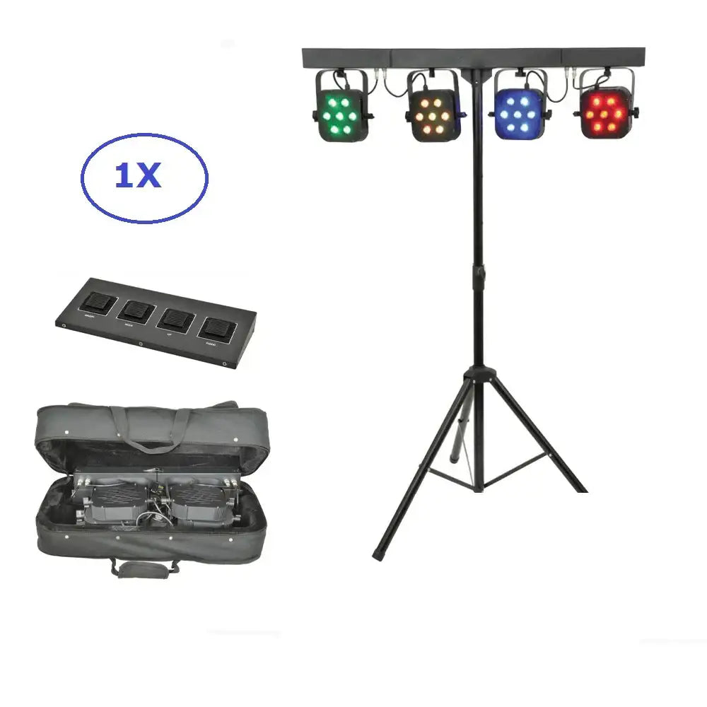 Black metal stand with four color-changing led spotlights mounted, part of DecorBites led par kit with DMX controller