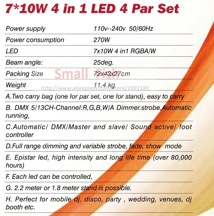 Decorbites led par kit with 4x7x10w rgbwa led 4-in-1 par lights featuring dmx512 control and adjustable strobe functions
