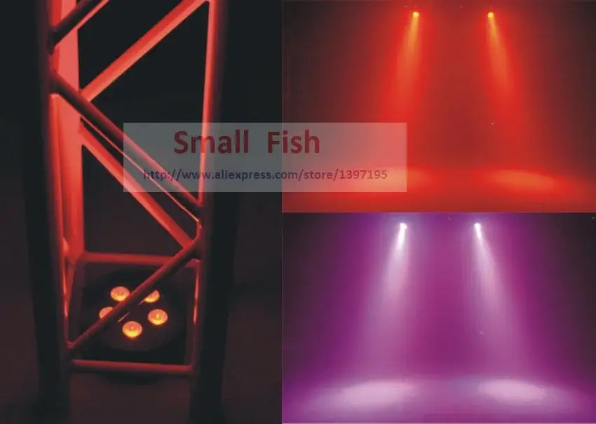 Red and purple beams from decorbites led par kit casting light in a darkened performance space with stand and controller