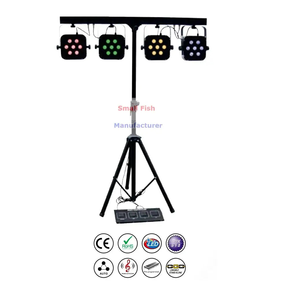 Black tripod mounted decorbites led par kit with four square rgbw led fixtures emitting red green yellow and white light