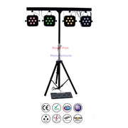 Black tripod mounted decorbites led par kit with four square rgbw led fixtures emitting red green yellow and white light