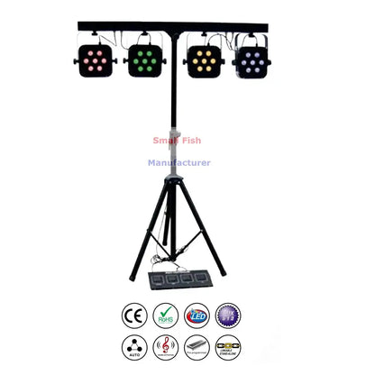Black tripod mounted decorbites led par kit with four square rgbw led fixtures emitting red green yellow and white light