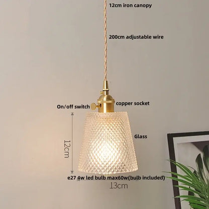 DecorBites led pendant lamp 12cm clear textured glass with brass iron canopy and copper socket for modern minimalism