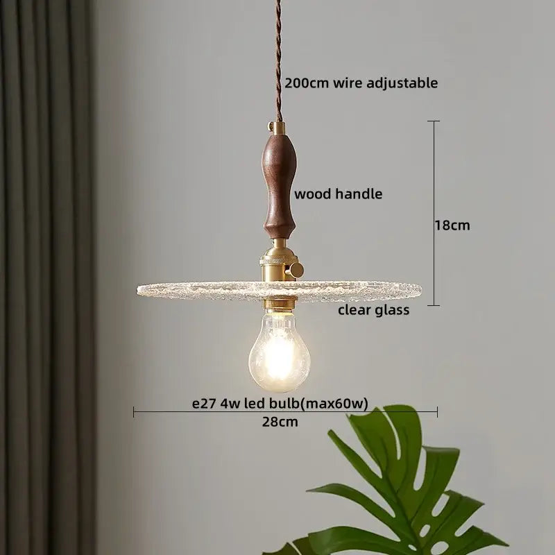 Decorbites led pendant lamp with dark wood handle brass hardware and clear textured glass pendant light fixture