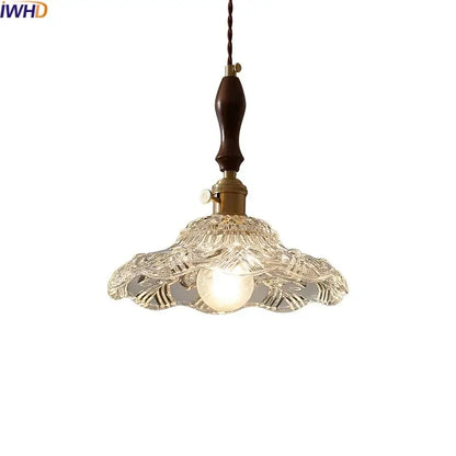 Decorbites led pendant lamp featuring a vintage-style clear cut glass shade and dark wood-finished handle pendant light