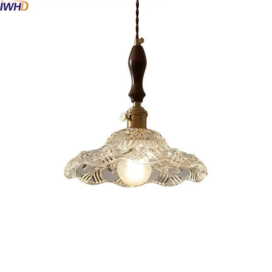 Decorbites led pendant lamp featuring a vintage-style clear cut glass shade and dark wood-finished handle pendant light