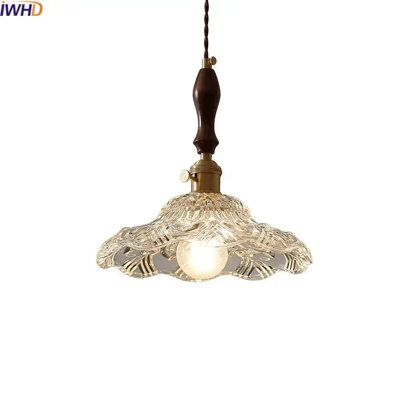 Decorbites led pendant lamp featuring a vintage-style clear cut glass shade and dark wood-finished handle pendant light