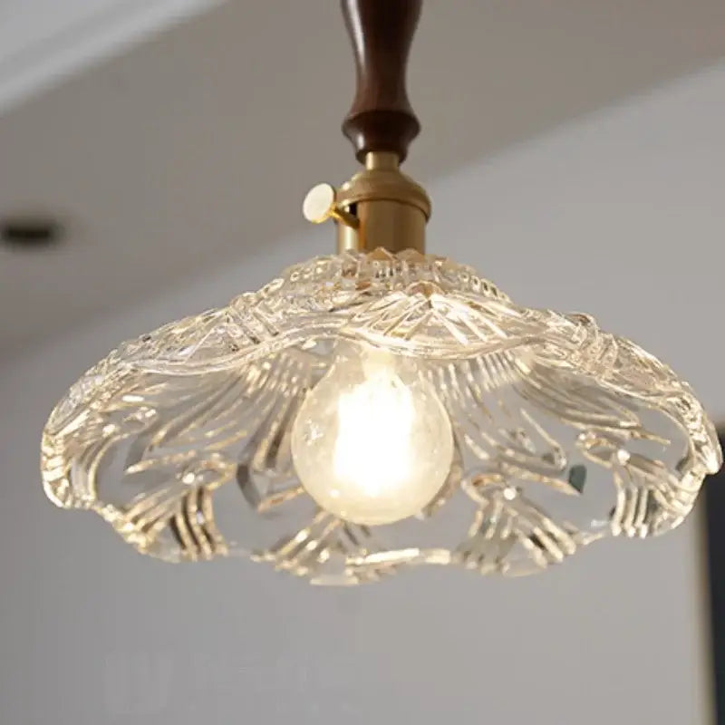 DecorBites led pendant lamp with clear cut glass shade brass fixture and dark wood stem modern pendant light