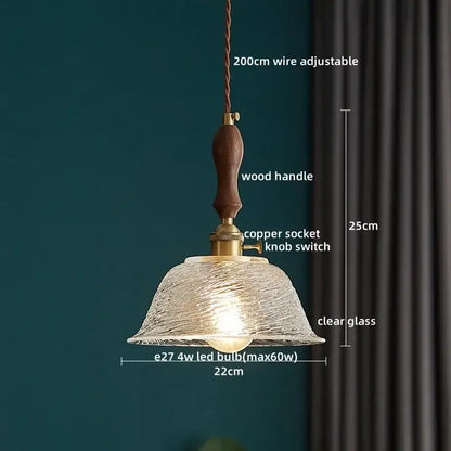 Decorbites led pendant lamp with warm-toned textured glass shade brass copper socket dark wood handle 200cm wire suspension