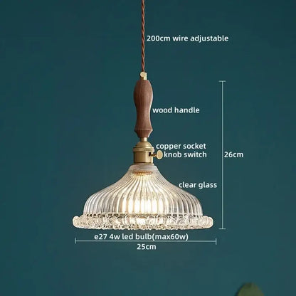 DecorBites led pendant lamp with clear ribbed glass shade and wooden handle modern style hanging light fixture