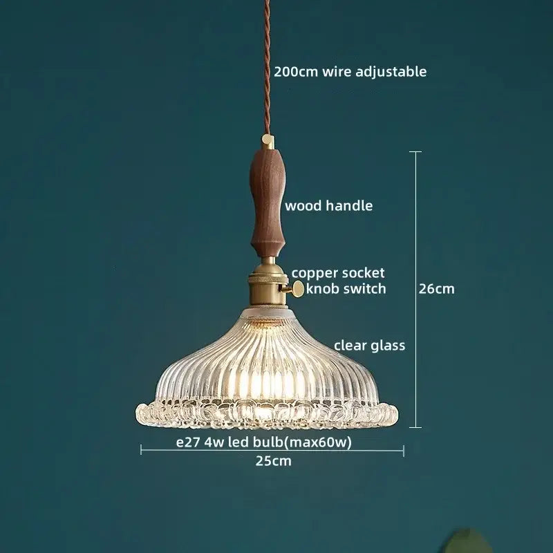 DecorBites led pendant lamp with clear ribbed glass shade and wooden handle modern style hanging light fixture
