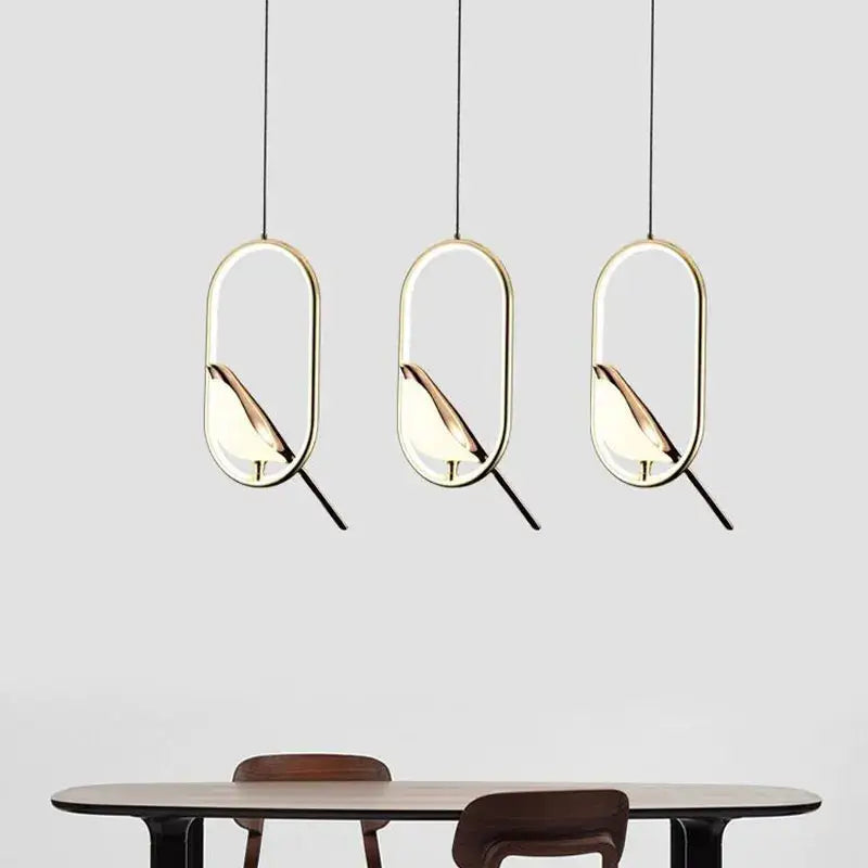 DecorBites™ led pendant lamp with gold oval frames and glass shades featuring bird silhouettes for bedroom decor