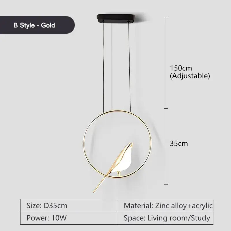 Decorbites™ led pendant lamp with gold leaf-shaped zinc alloy and acrylic frame for bedroom interior lighting