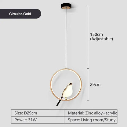 Decorbites™ led pendant lamp with gold-toned circular frame and acrylic bird-shaped shade for bedroom interior lighting