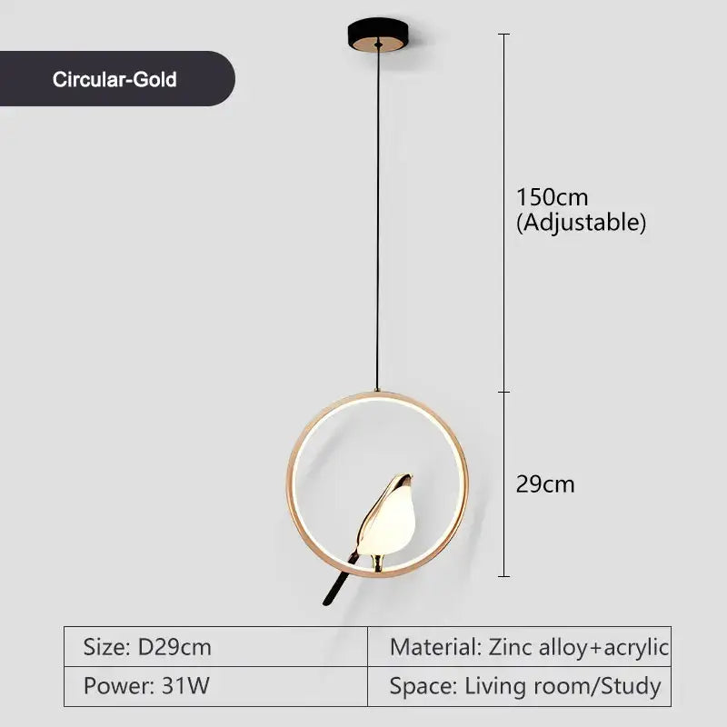 Decorbites™ led pendant lamp with gold-toned circular frame and acrylic bird-shaped shade for bedroom interior lighting