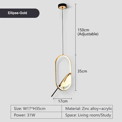 Decorbites™ led pendant lamp with gold elliptical acrylic panel and sleek zinc alloy frame for bedroom interior