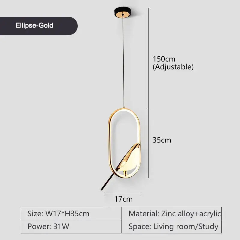 Decorbites™ led pendant lamp with gold elliptical acrylic panel and sleek zinc alloy frame for bedroom interior