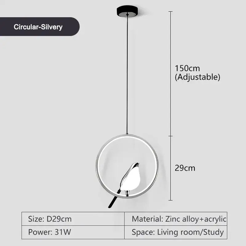 Decorbites™ led pendant lamp with circular silvery acrylic shade and zinc alloy frame, adjustable 150cm hanging length